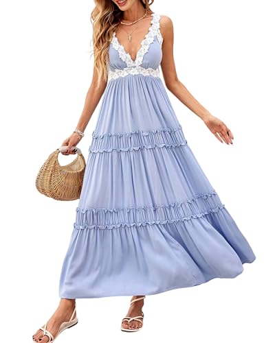 Women's Summer Beach 2025 Maxi Dress Solid Color Boho V Neck Lace Wide Shoulder Strap Long Dresses Flowy Trendy Sundress with Pockets(LightBlue S)
