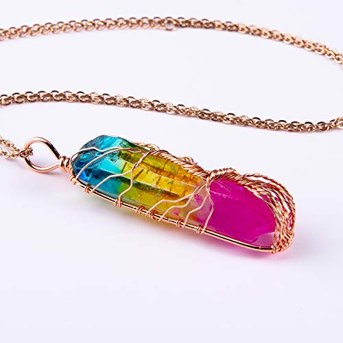 Bivei Tree of Life 7 Chakra Gemstone Copper Wire Wrap Irregular Clear Quartz Point Crystal Pendant Necklace(Rose Gold Plated Titanium Coated Multi Color)