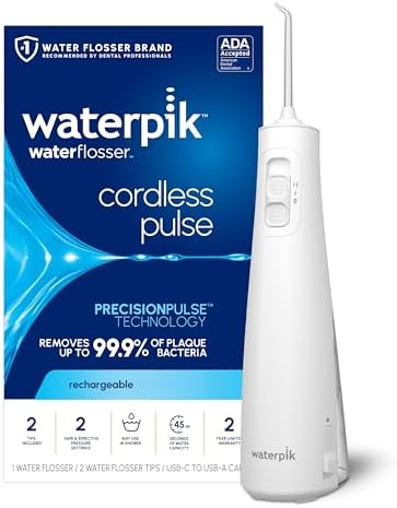 Waterpik Cordless Pulse Rechargeable Portable Water Flosser for Teeth, Gums, Braces Care and Travel with 2 Flossing Tips, Waterproof, ADA Accepted, WF-20 White, Packaging May Vary