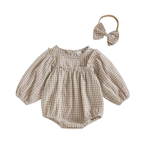 Image of Aiwpstoin Infant Baby Girl Bubble Romper Boho Clothes Long Sleeve Cotton Smocked Jumpsuit Outfit with Headband