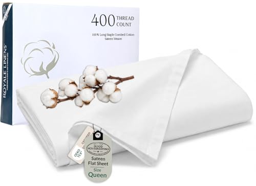 Image of Royale Linen 400 Thread Count 100% Cotton Flat Sheets Only - Cooling Sheets - Queen Top Sheet Sold Separately - Luxury Sateen Weave - Breathable & Super Soft White Flat Sheet Only (Queen, White)