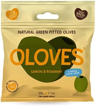 OLOVES Green Greek Pitted Olives | Lemon & Rosemary | Vegan, Kosher, Gluten Free + Keto Friendly, Fresh, All Natural Low Calorie Healthy Snacks | (30 Pack, 1.1oz Bags)