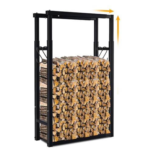 Vkechh Estantería ajustable de metal para leña, 9 tamaños ajustables, estantería para leña con 4 ganchos, para interior y exterior, color negro