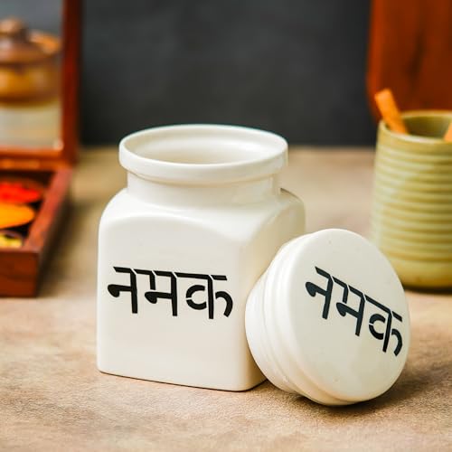 Image of Ceramic Namak Jar with Lid for Kitchen Storage 750 ml | Ceramic Salt Container for Spices & Salt | Multipurpose Airtight Pickle /Barni Storage Jars | Countertop Masala Container for Home Kitchen |White