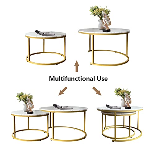 AT-VALY Coffee Table Set of 2 Nesting Tables,Round Sofa Table for Living Room, (D) 31.5" x(H) 18.5", (D) 23.6" x(H) 15.3" (Gold & White) by AT-VALY - Image 7
