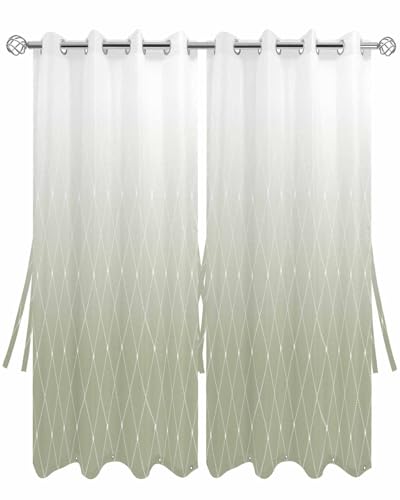 Outdoor Curtains for Patio, Geometric Pattern Sage Green Gradient Plaids Sun Blocking Windproof Thermal Insulated Light Filtering Grommet Curtains for Porch Gazebo Pergola 54