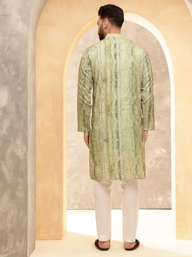 Image of SOJANYA (Since 1958 Men's Cotton Silk Green Print Kurta with White Pyjama