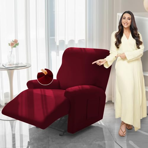 Image of HOKIPO 'SereneSolids' 140 GSM 4-Pieces Super Stretch Recliner Chair Cover 1 Seater Fully Covered Washable Furniture Protector, Burgundy (AR-4740-BRGN)