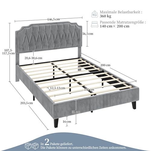 Yaheetech Polsterbett Doppelbett 140 × 200 cm Stoffbett Bettgestell Gepolstertes Bett mit höhenverstellbarem Kopfteil Bettrahmen mit Lattenrost, Hellgrau