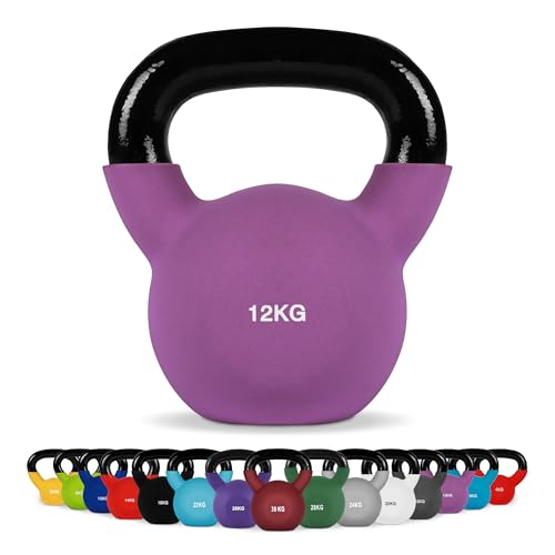 Kettlebell Neopren 2 – 30 kg inkl. Übungsposter (12 Kg - Lila) Kugelhantel