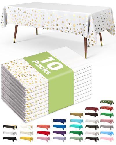 Pureegg Plastic Table Cloth Disposable 10 Pack, 54 x 108 Inch Table Cloths, Graduation Decorations Class of 2025, Graduation Tablecloths, Rectangle, Plastic Cover, Leakproof & Sturdy, White and Gold