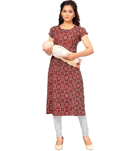 Image of RITIJYA Maternitywear Poly Viscose Straight Feeding Kurtis for Women with Zip | Maternity Dress for Nursing & Pregnancy (9091 38,Jazzy Maroon)