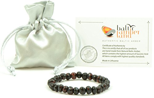 Baltic Amber Bracelet For Adults Made On Elastic Band - 7 Inches - Cherry Color - Baltic Amber Land - Hand-Made From Polished / Certified Baltic Amber Beads (Cherry) #TOP1