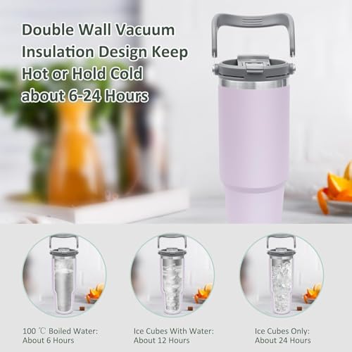 Image of 900ml Tumbler with Handle and Straw Stainless Steel Double Wall Insulated Tumblers Cup, Coffee Mug Travel Icold up 17h - Hot 12h Tumbler for Car Office Gym Travel (White)