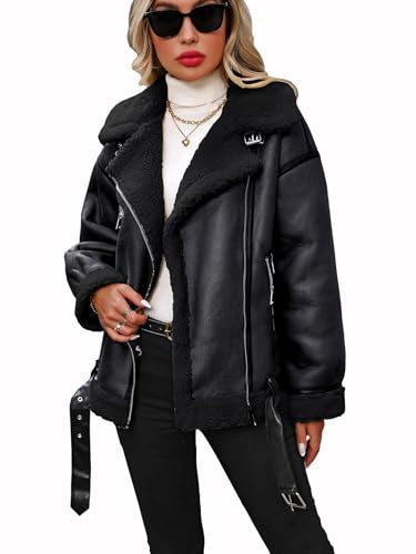 LY VAREY LIN Winter Women Faux Leather Jacket Sherpa Aviator Bomber Coat