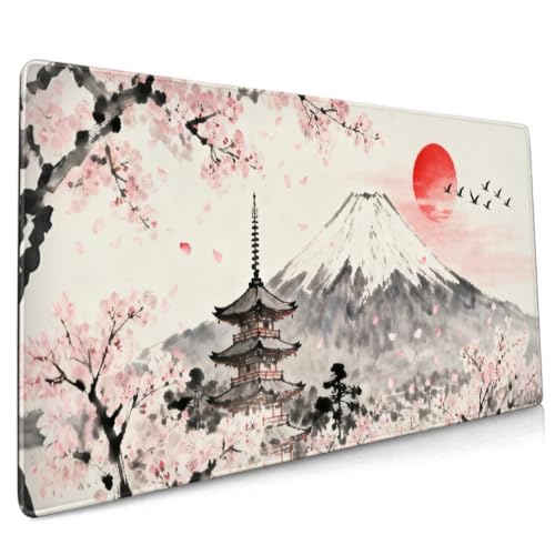 Image of Japanese Mouse Pad 35.4x15.7 XXL Grey Pink Cherry Blossoms Mountain Watercolor Extended Large Mousepad Keyboard Mouse Mat Desk Pad with Non-Slip Rubber Base Stitched Edges for Home Office Game