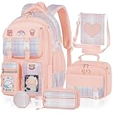 Aomutrsn Girls School Backpack with Lunch Box, 5pc Cute Kawaii Bookbag for Kids Teens, Aesthetic Elementary Backpack
