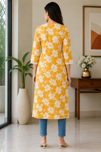Image of ZAYRON Women's Rayon Printed Straight Kurti for Women | Round Neck with V-Cut | 3 /4 Sleeve | Casual Ethnic Wear Kurta