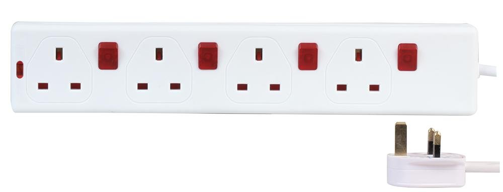 Pro Elec 2m 4 Gang Individually Switched Extension Lead with Neon Switches