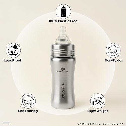 Image of StarAndDaisy Baby Milk Bottle for new Born /Infant /Toddler 250 ML SUS 304 Steel Baby Feeding Bottle for 0+ Months, BPA Free Leakproof, Anti Colic, Easy to Clean (Silver -250ML)