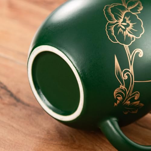 Image of Yundu 12 OZ Ceramic Mug with Lid & Tea Strainer - Matte Green Tea Cup with Golden Flower, Stainless Steel Infuser for Loose Leaf Tea