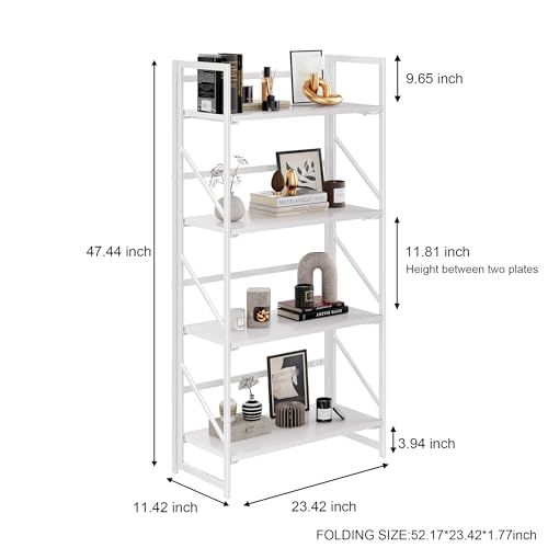 Image of JSB No Assembly Folding Bookshelf, 4 Tier Industrial Metal Book Shelf for Storage, Vintage Wood Foldable Bookcase for Living Room, Bedroom, Office Organization Shelves