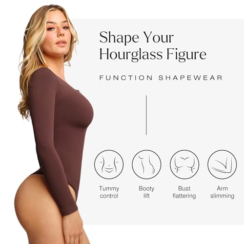 Image of Popilush Long Sleeve Shapewear Bodysuit Tummy Control Henley Button Up Modal Scoop Neck Body Suit Tank Tops