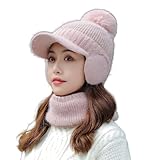 [EVREFIN] レディース、ウサギの毛皮、ニット、帽子、学生、ウール、イヤーマフ、キャップ、アウトドア、防寒、暖かい、マフラー、プラッシュ (ピンク)