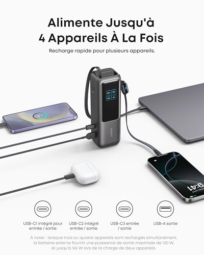 Anker Batterie Externe pour Ordinateurs Portables, Chargeur 25000mAh 3 Ports USB-C 100W pour Plusieurs Appareils, Câble Intégré+Câble Rétractable, pour iPhone17 Pro Max/16, MacBook, Samsung