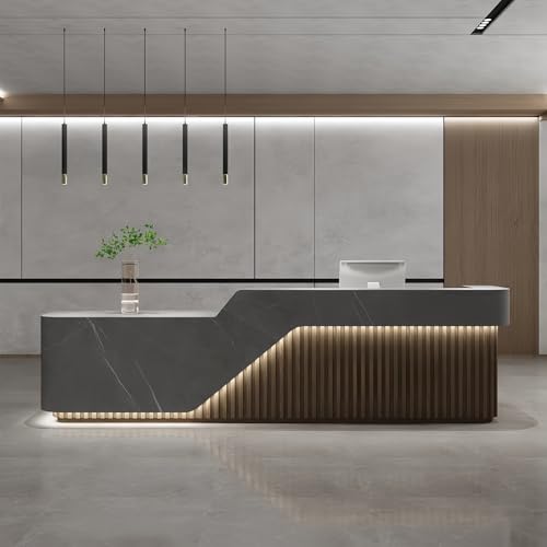 L Shape Reception Desk - Modern Front Desk with Counter and Hidden LED Light, No Assembly Required, Solid Wood Retail Counter- Perfect for Office, Checkout Counter & Retail Counter Use