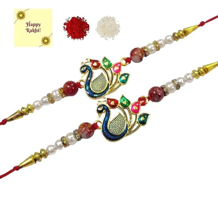 Rakhi for Brother - Red & Blue Beads Peacock Rakhi for brother with Roli Chawal And Greetings Card Set Of 2-image-5