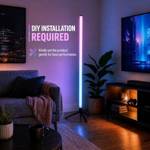 Image of XERGY DIY 360 RGB LED Tube Floor Lamp with Tripod Stand - App /Button & Remote Control, Dimmable Multicolor Ambient & Mood Light for Bedroom, Gaming & Home Decor (5V, USB Powered)