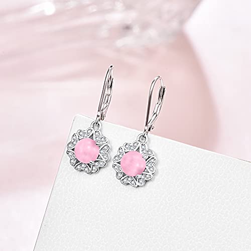 Pink Stone Leverback Earrings 925 Sterling Silver Cat's Eye Stone Dangle Earrings With Cz Heart Drop Dangle Earrings Mother's Day Jewelry Gifts For Women Girls #TOP2