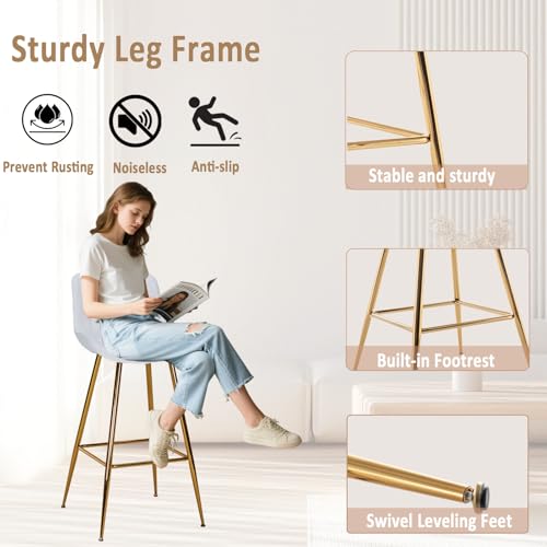 Image of Sidanli Velvet Bar Stools with Gold Legs, Set of 2 Counter Height Stools for Kitchen Island, 29 Inch Modern Barstools with Swivel Leveling Feet, White