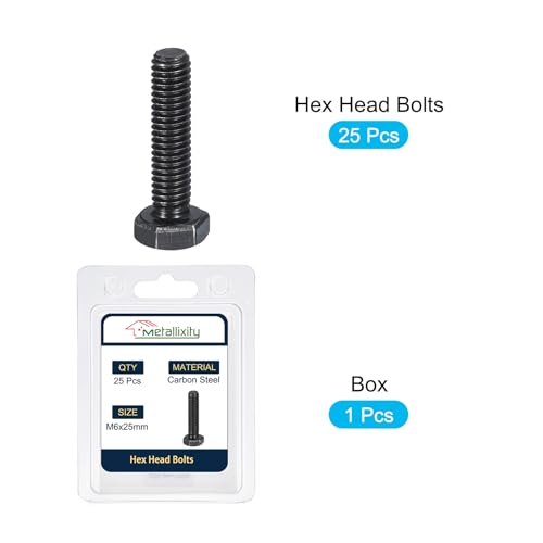 Image of METALLIXITY Hex Bolts (M6-1x25mm) 25Pcs, 8.8 Grade Carbon Steel Fully Threaded Black Oxide, Coarse Thread UNC Hex Head Screw Bolt - for Furniture Repair