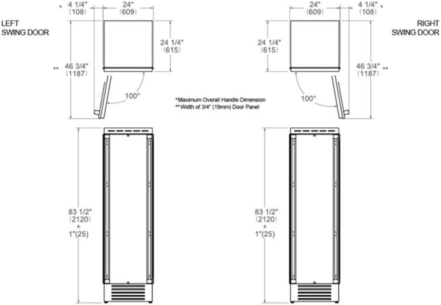 Dimensional drawing of the Bertazzoni REF24RCR refrigerator showing front and top views with measurements for both left and right door swings