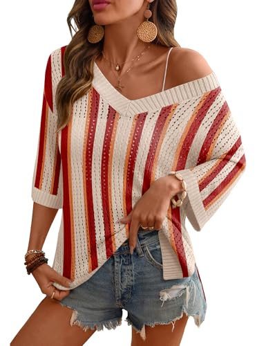 Image of Rapbin Women's Crochet V Neck Beach Cover Up 3 /4 Sleeve Hollow Out Knitted Pullover Sweater
