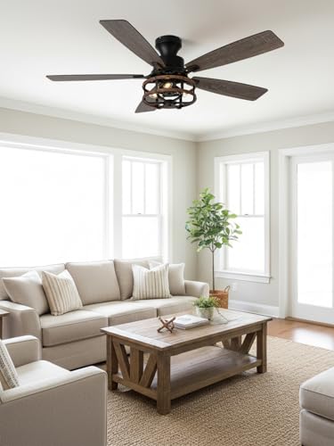 Image of 52 Inch Flush Mount Farmhouse Ceiling Fan with Light and Remote Control