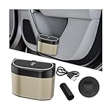 Sandfren Car Trash Can with Lid, Leakproof Mini Vehicle Garbage Container Bin with LED Light, Auto Interior Front Back Seat Storage Organizer Dustbin, Universal for SUV, Sedan, Truck(Beige)