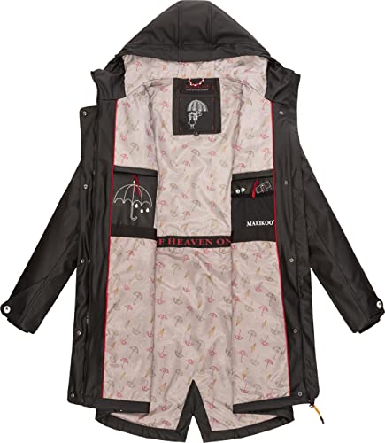 MARIKOO Damen Übergangsjacke Regenmantel wasserdicht lang warm gefüttert mit Kapuze Dancing Umbrella Black Gr. M