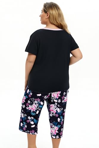 Image of Vozanet Women's Pajamas Set Soft V Neck Sleepwear Top and Capri Pj Lounge Sets Cartoon Heart Shape Cat Nighty Plus Size