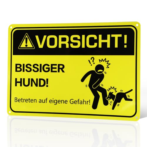 Vorsicht Bissiger Hund Schild, 30x20cm Bissiger Hunde Warnschilder, Achtung Hund Schilder mit Vorgebohrten Löchern, Hundeschilder Warnung Reflektierendes, Vorsicht Hund Schild Aluminium Platte(Gelb)