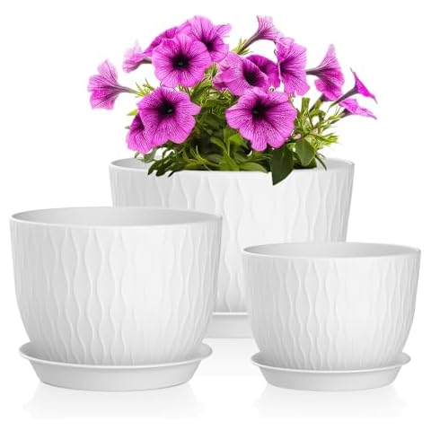 QRRICA Plant Pots 12/10/9 Inch Pots, Set of 3 Plastic Planters with Drainage Holes and Saucers,Plastic Flower Pots,Nursery Planting Pot for Indoor Out Door Plants（White） Cover