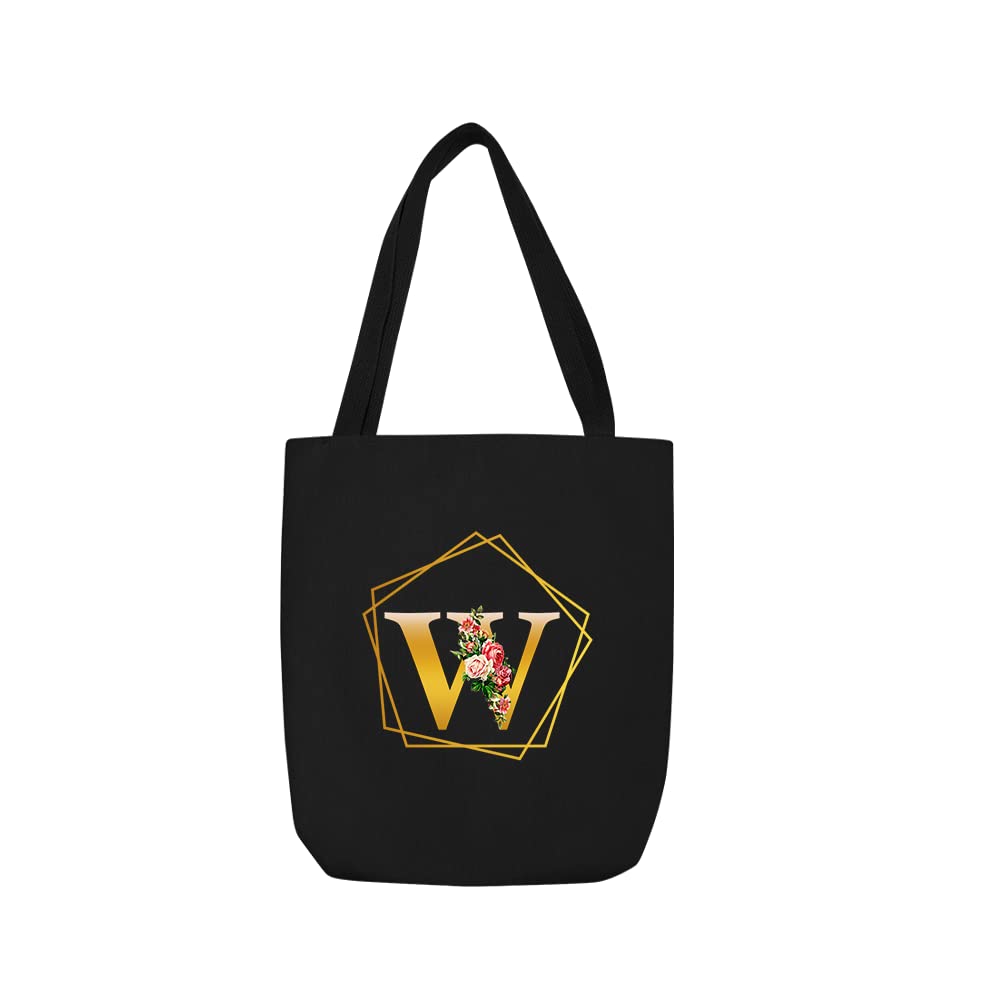 Global Print || Black Tote Bag Alphabet Initial with Golden Floral Print (W)