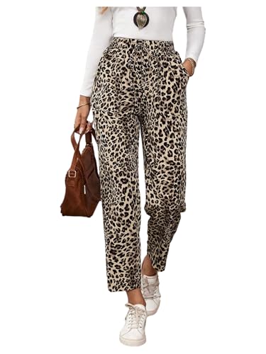SOLY HUX Women's Leopard Pants Cheetah Print Tie Front Elastic Waist Straight Leg Casual Trousers with Pockets