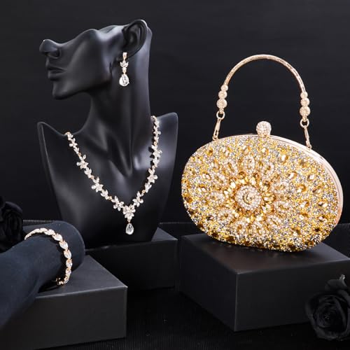 Image of Quelay 4 Pcs Purse Rhinestone Jewelry Set for Wedding Bridal Women Evening Clutch Bag Necklace Dangle Earrings Bracelets