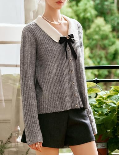 Women's Grey Cropped Sweater Cardigan with Bow Button Closure On Chest Long Sleeves Autumn Fashion Sweater2