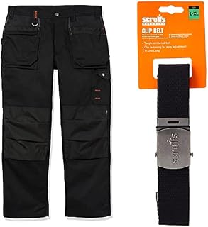 Scruffs Worker Plus Trouser Black 28S (T51786) & T50304 Cotton Adjustable Clip Belt Black One Size