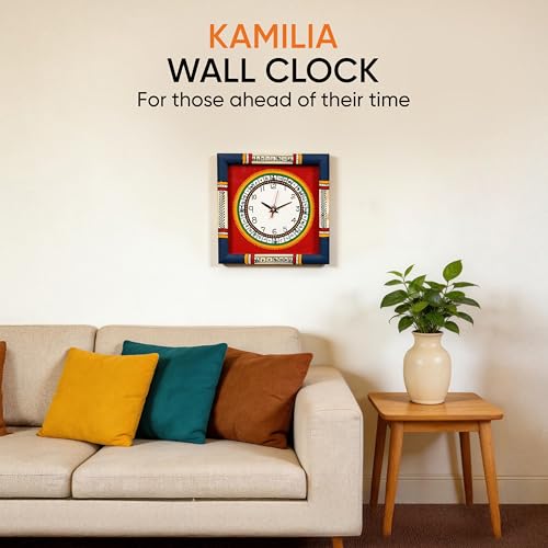 Image of AAKRITI ART CREATIONS Wall Clock Handcrafted Warli Art Dial with Glass Frame Blue, Red | Wall Clock for Home, Home Decoration | Lightweight Wooden wall Decor | Matte Finish