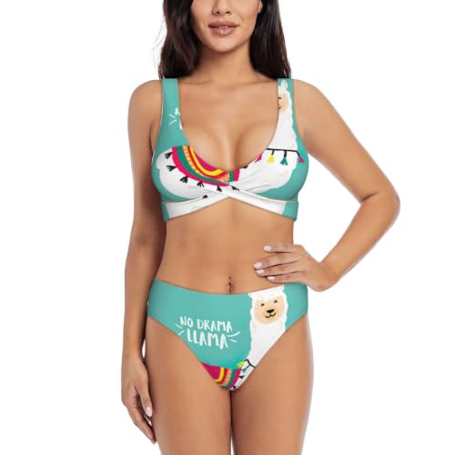 Fgwaauh Conjunto de bikini con estampado de alpacas para mujer, con cuello en V, trajes de baño de playa 2026, Negro, S